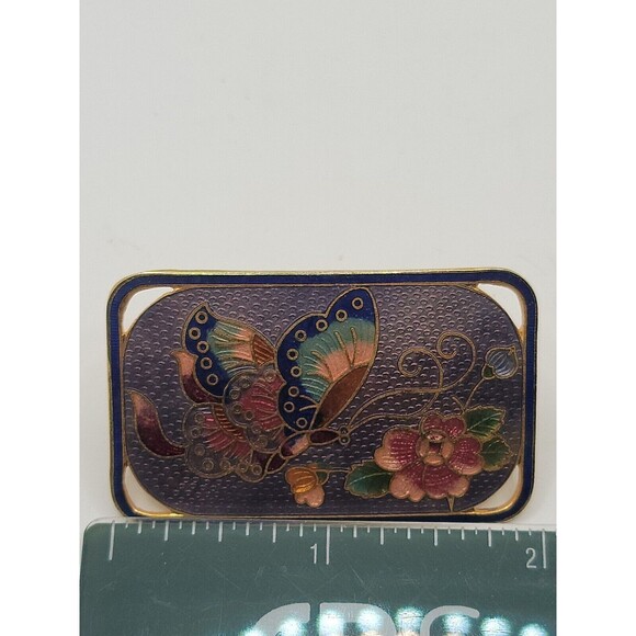 Vintage Cloisonne Enamel Butterfly & Flower Brooch Gold Tone Red Blue Bolo Tie - Picture 5 of 7
